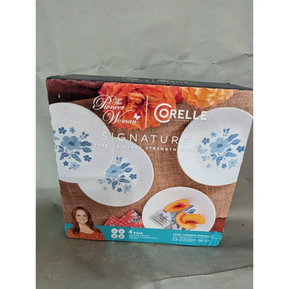 The Pioneer Woman Corelle Signature Evie Blue 4 Piece Appetizer Plate‎ Set Glass